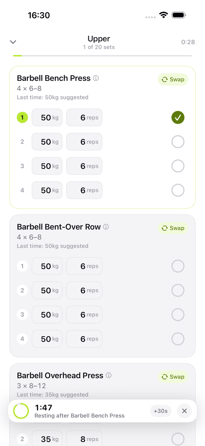 A session in progress. The first set of Barbell Bench Press is logged at 50kg for 6 reps and ticked off, and a rest timer is counting down from 1:47 with an option to add 30 seconds.